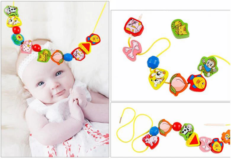 Wooden Animal & Fruit Threading Beads Set for Toddlers