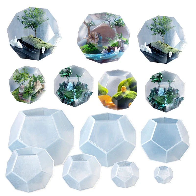 A collection of geometric resin casting molds in various sizes and shapes for DIY jewelry and crafts.