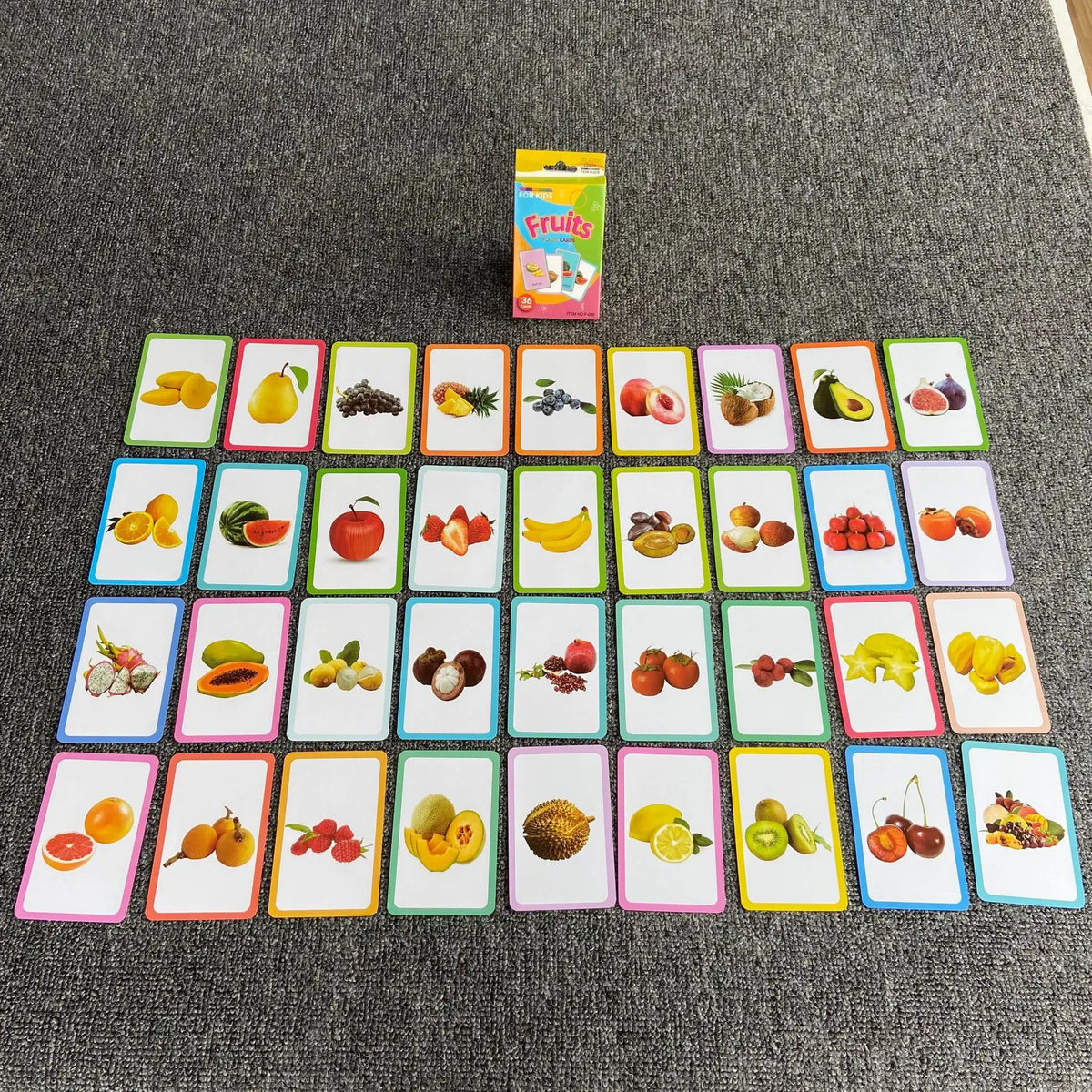 A collection of colorful early learning flash cards featuring fruits, vegetables, and other items for children.