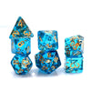 A set of six ocean blue gold foil resin dice showing numbers 1 through 6