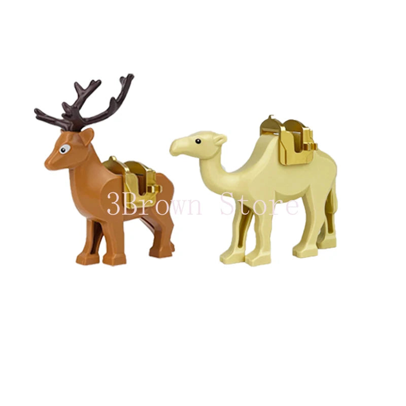 A set of three animal building blocks featuring a deer, a camel, and an elephant.