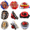 A collection of metal spinning tops and launchers in various colors including red, blue, silver, and black.