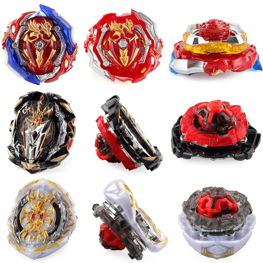 A collection of metal spinning tops and launchers in various colors including red, blue, silver, and black.