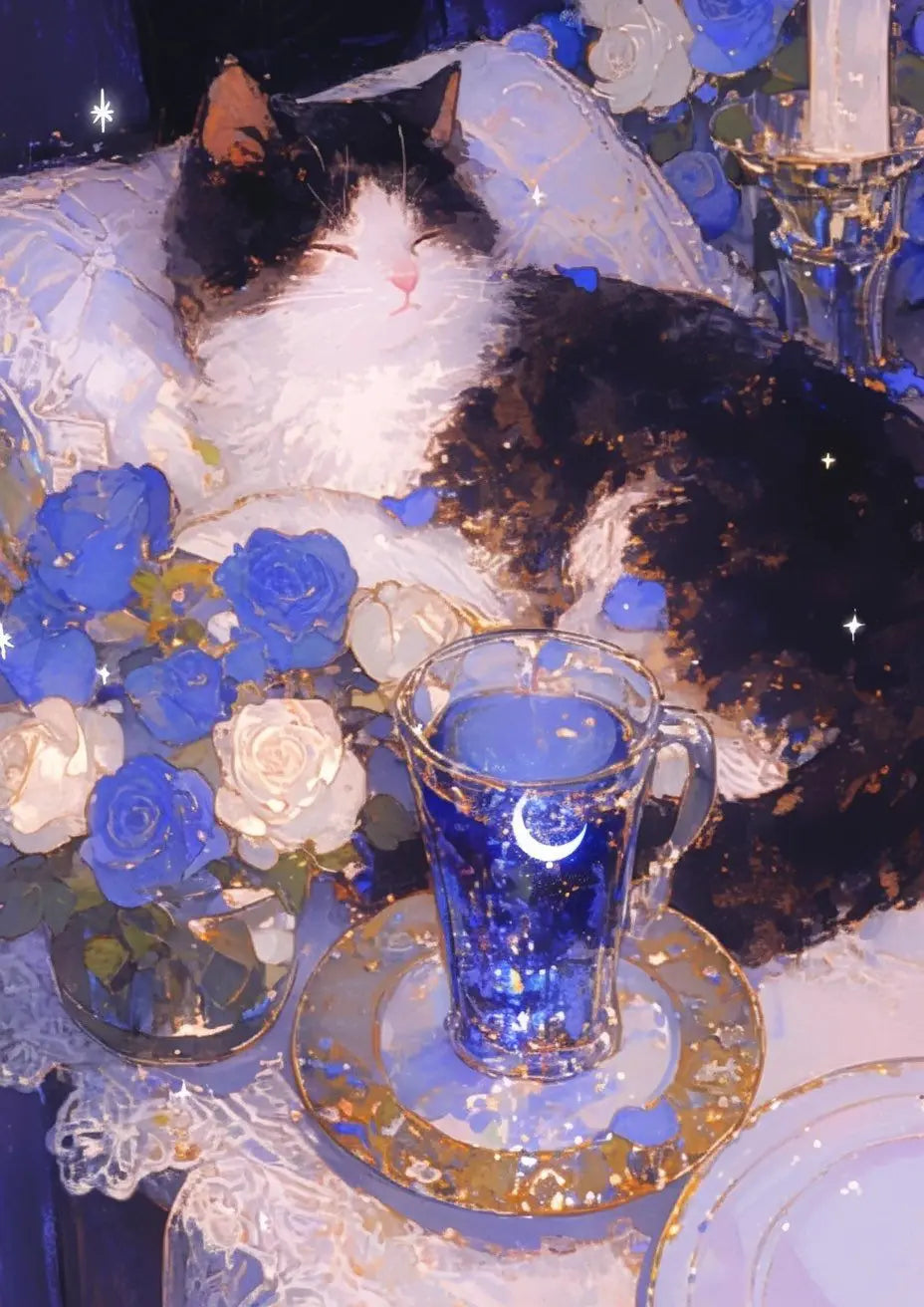 A black and white cat is resting on a white surface next to a glass of blue liquid and flowers.