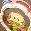 A pink and white baby musical instrument set featuring a hand drum and shake rattle for toddlers.