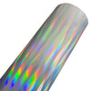 A roll of holographic chrome vinyl wrap featuring a rainbow iridescent finish.