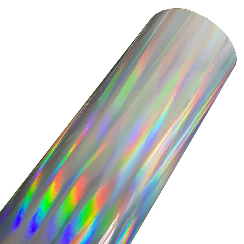 A roll of holographic chrome vinyl wrap featuring a rainbow iridescent finish.