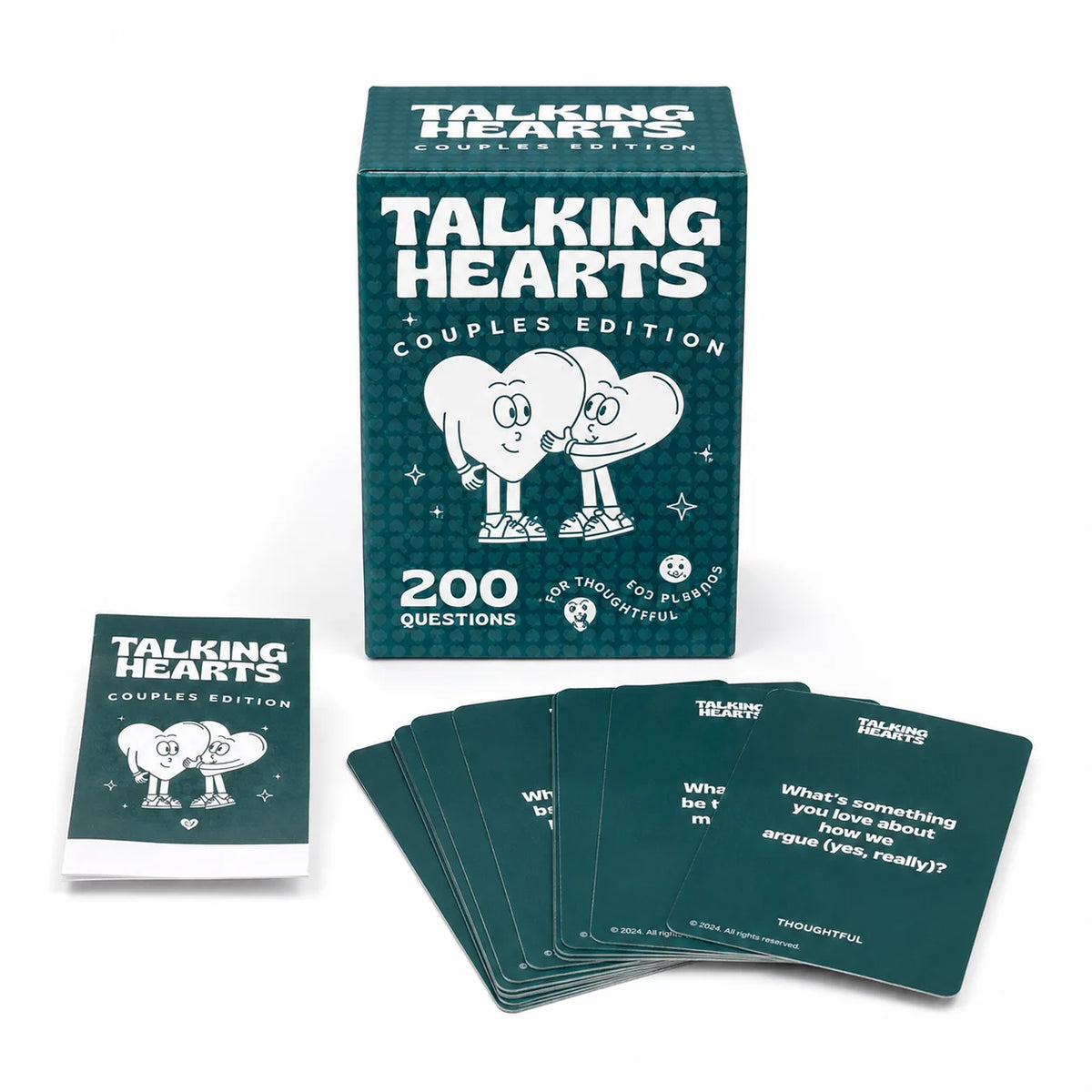 A box of Talking Hearts Couples Edition conversation cards with 200 questions and several cards displayed below.