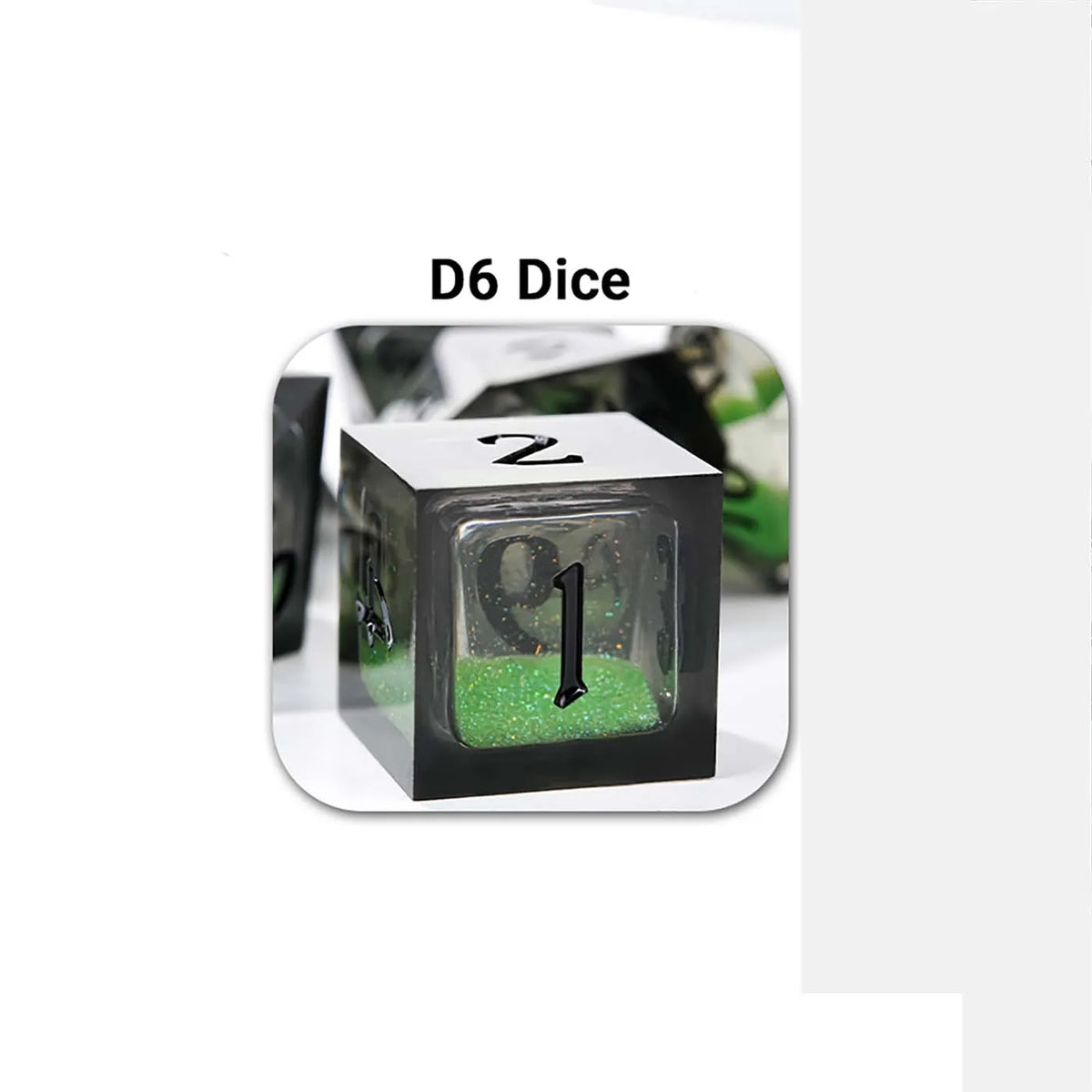A black D6 die with a clear resin core filled with green glitter and a black peg.