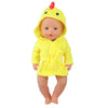 A yellow cartoon animal bathrobe and nightgown set for a doll
