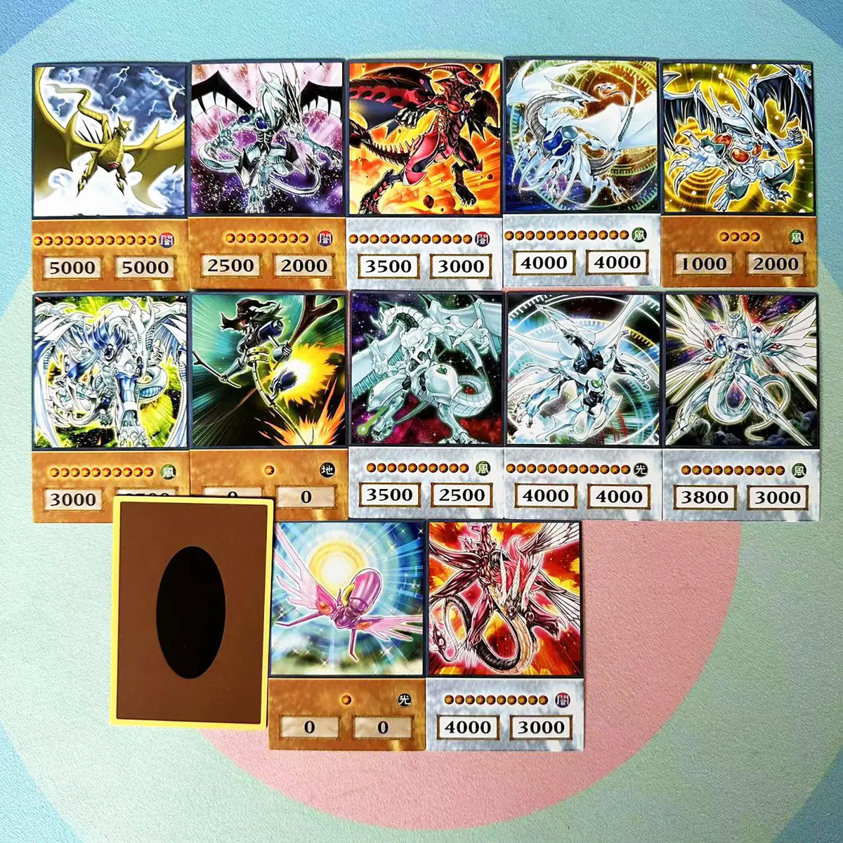 A collection of Yu-Gi-Oh! anime style monster and god cards arranged in a grid format.