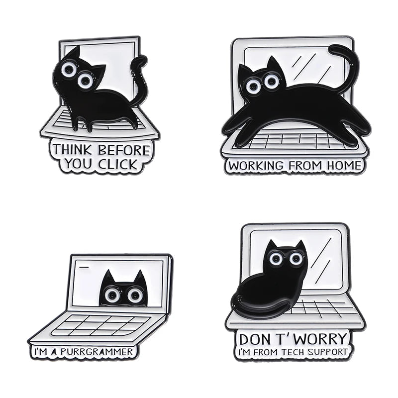 Set of four black cat enamel pins featuring humorous phrases related to working from home and programming.