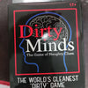 Box of the Dirty Minds party card game featuring a silhouette of a brain and text describing it as the cleanest dirty game