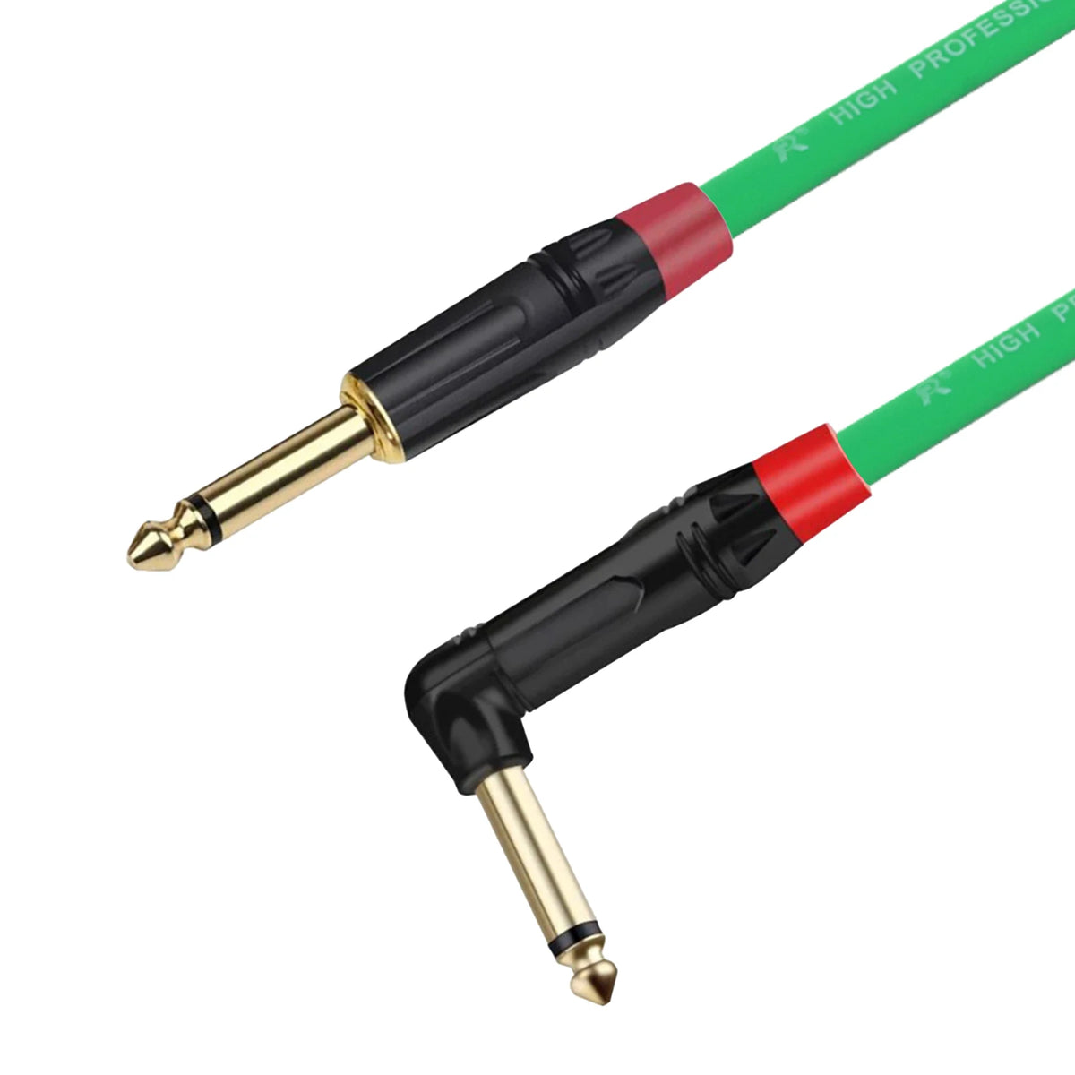 A close-up view of a green instrument guitar cable with a right-angle connector and black insulation.