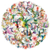 A vibrant hummingbird surrounded by a circular pattern of colorful flowers and foliage.