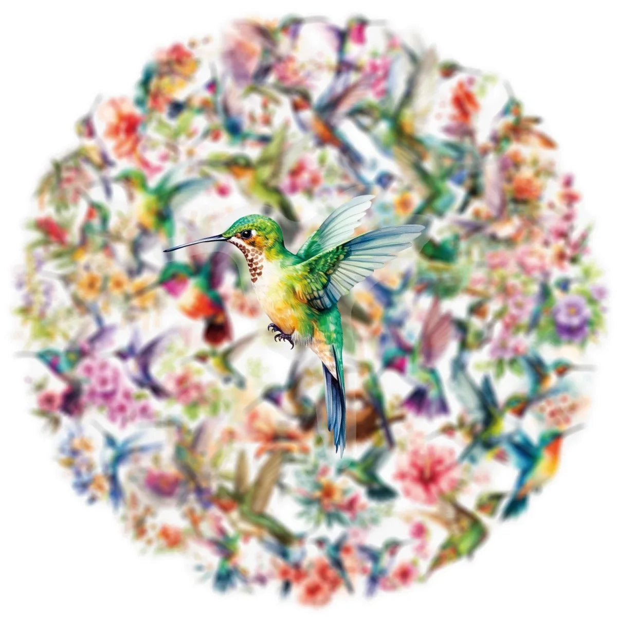 A vibrant hummingbird surrounded by a circular pattern of colorful flowers and foliage.