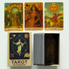 A collection of Spanish Tarot cards including Diez de Oro, Reina de Bastos, and El Sol, displayed next to a box of Tarot card