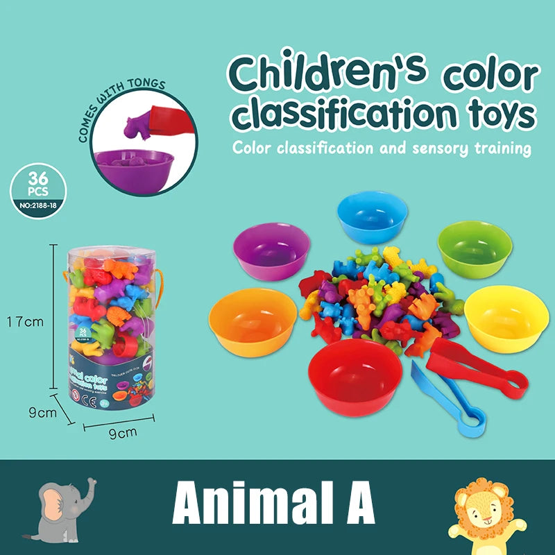 Children's color classification toys including a purple bowl, green bowl, yellow bowl, and red bowl for sensory training.