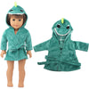 A green cartoon dinosaur bathrobe and nightgown set for a doll