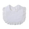 White ruffled muslin cotton baby bib with an adjustable snap closure