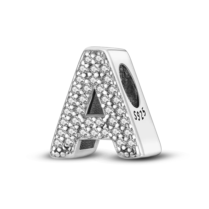 A personalized sterling silver alphabet charm featuring an 'A' shape encrusted with cubic zirconia stones.