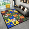 A colorful alphabet rug featuring cartoon characters and letters for a kids playroom.