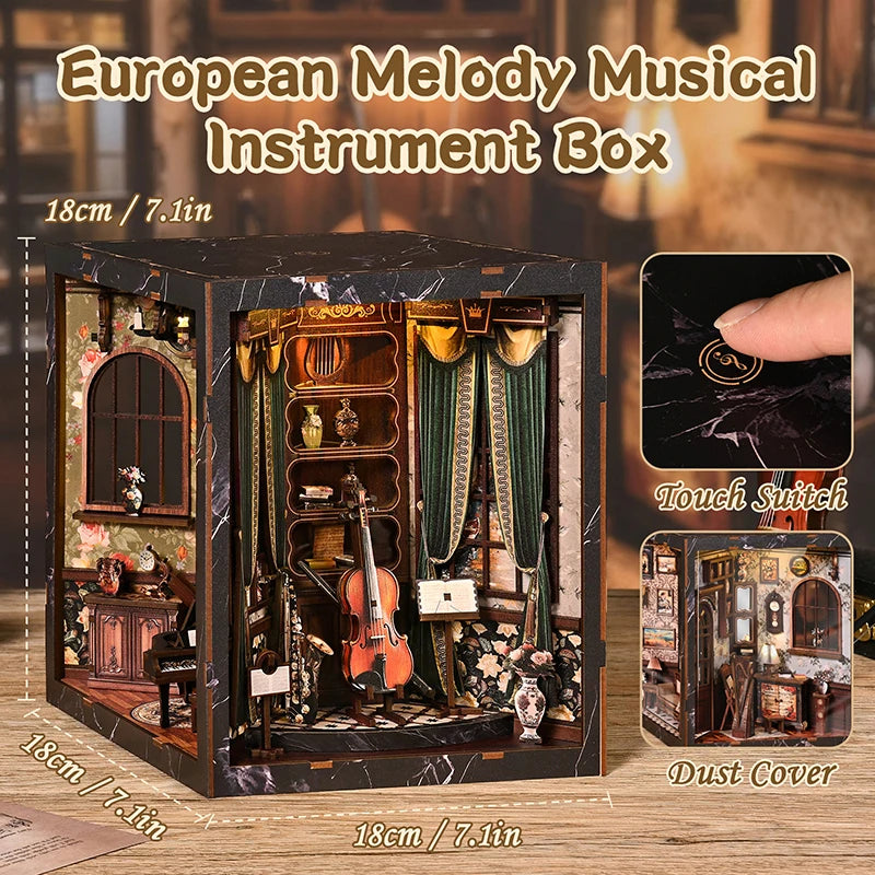 An open wooden box kit of a European Melody Musical Instrument Box featuring various musical instruments and decorative eleme