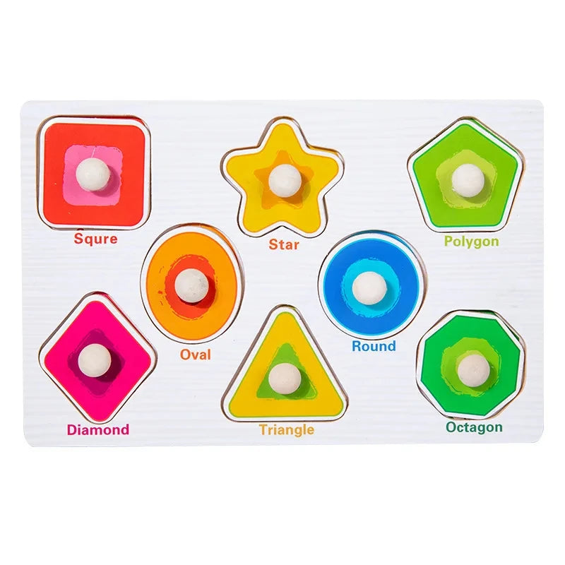 A set of eight wooden shape puzzles featuring various geometric figures like square, star, polygon, and triangle.