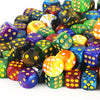 A collection of ten colorful 12mm gold standard dice in various colors and patterns.