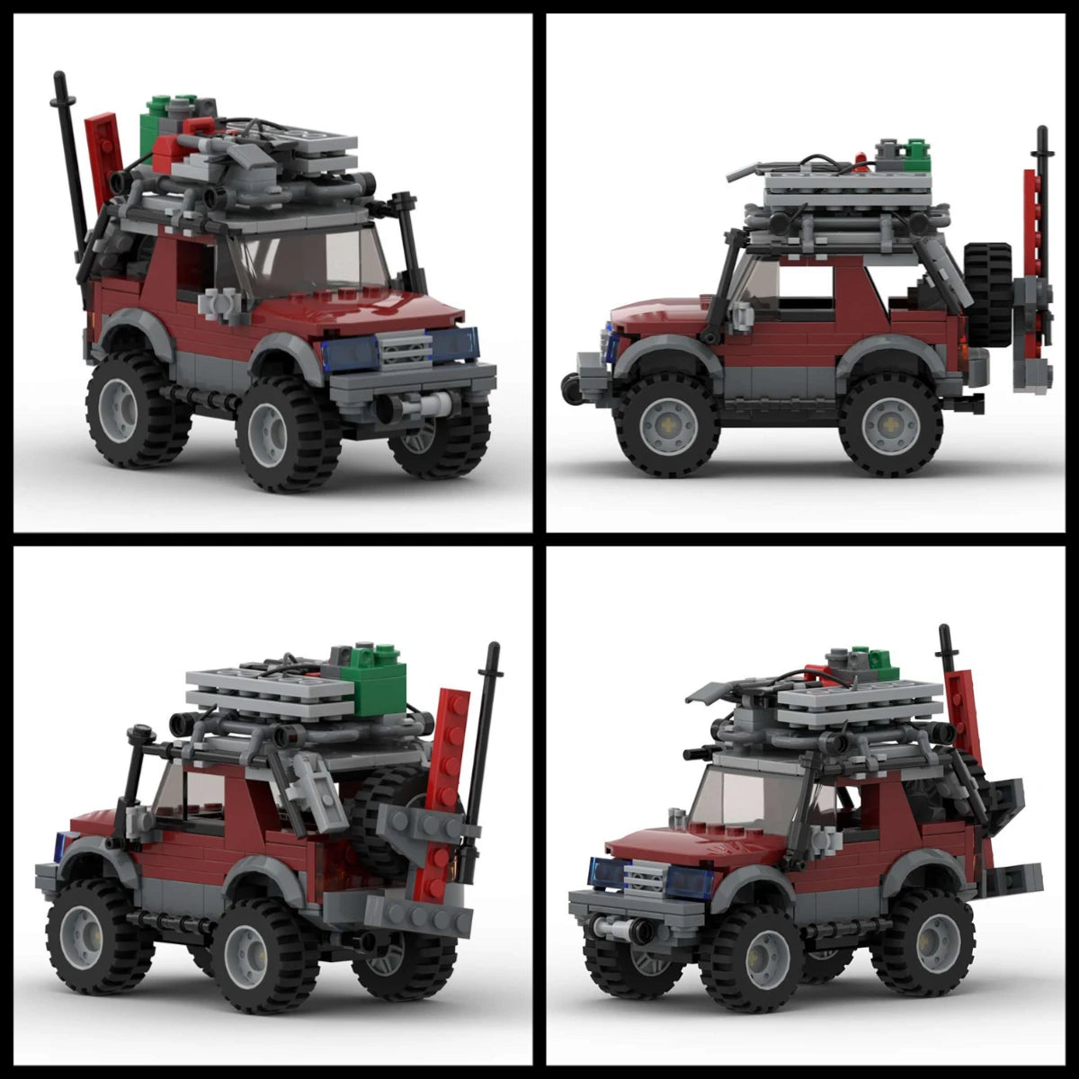 A detailed off-road SUV building block set shown in multiple views.