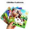 A hand holds a colorful wooden puzzle set featuring animals and vehicles for children.