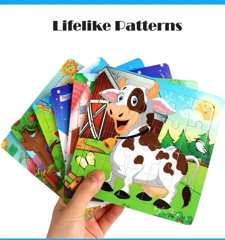 A hand holds a colorful wooden puzzle set featuring animals and vehicles for children.
