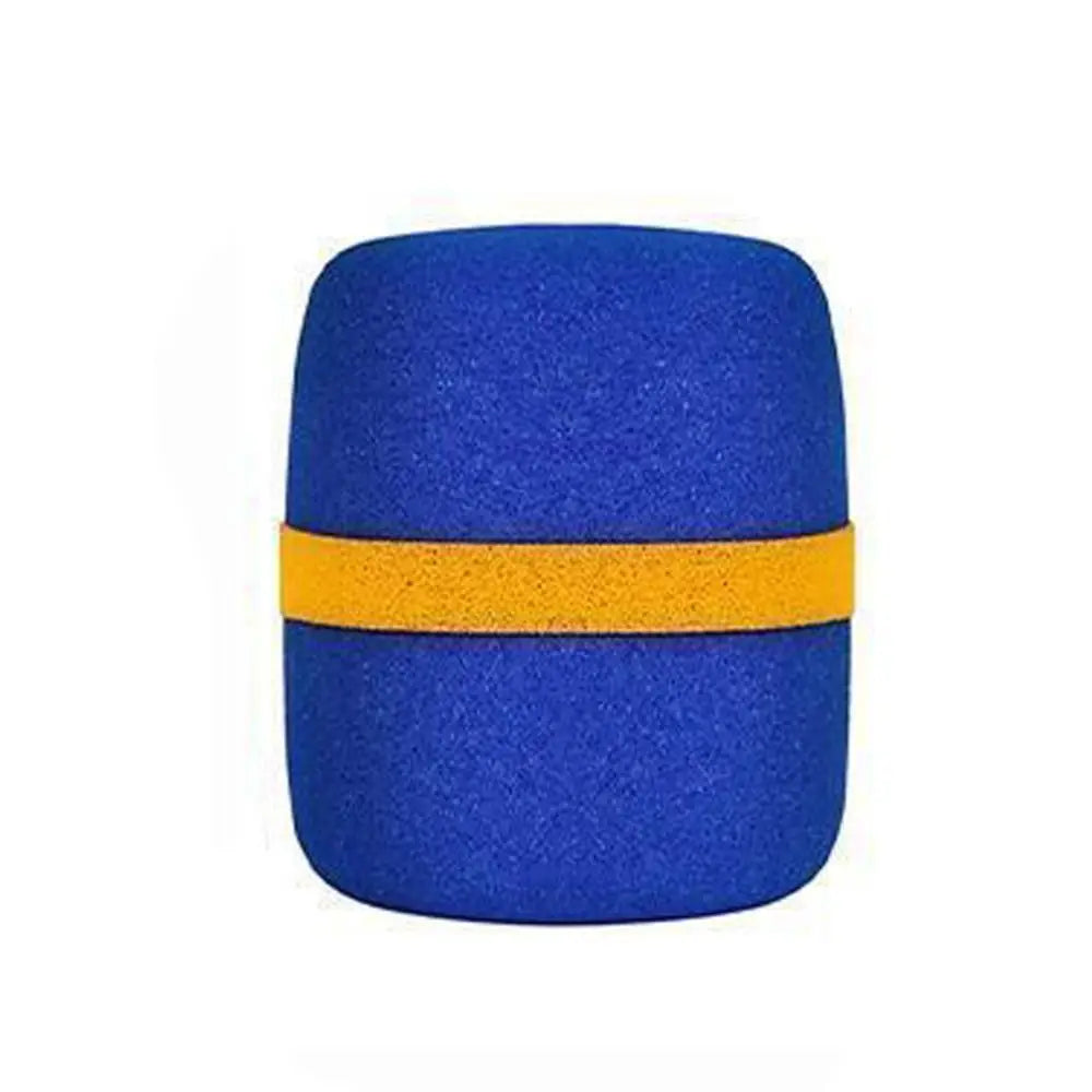 A blue foam microphone windscreen cover with a yellow band.