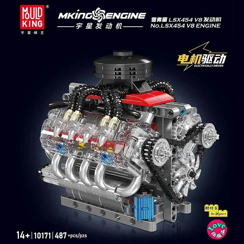 A detailed model of an LSX454 V8 engine building block set with electric drive components.