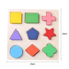 A wooden puzzle set featuring colorful shapes and symbols for toddlers to practice matching skills.