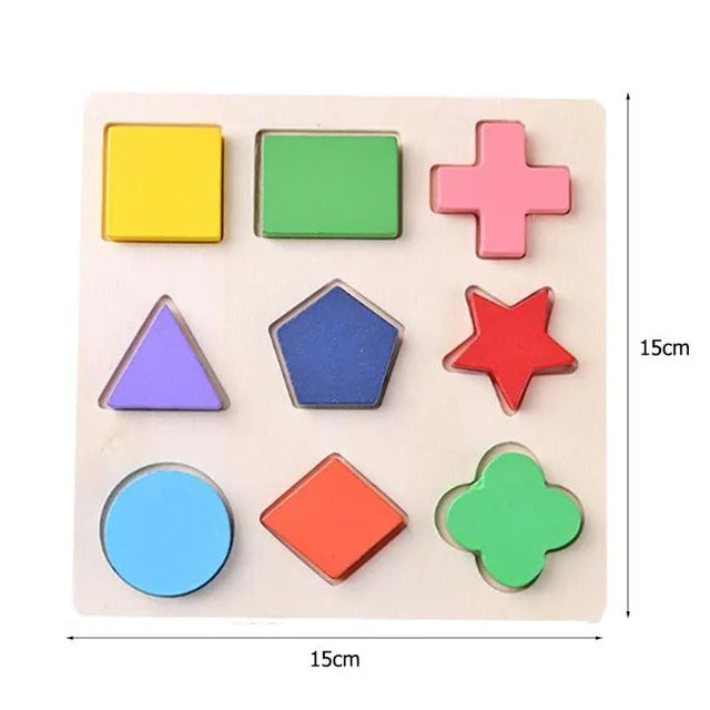 A wooden puzzle set featuring colorful shapes and symbols for toddlers to practice matching skills.