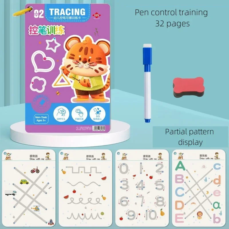 A colorful tracing workbook for kids featuring an orange tiger character and practice pages for pen control training.