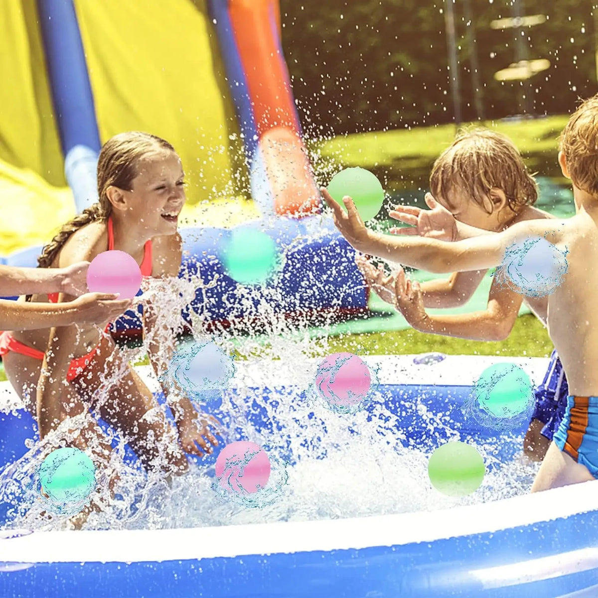 Children playing outdoors with blue silicone water balloons splashing in a pool.