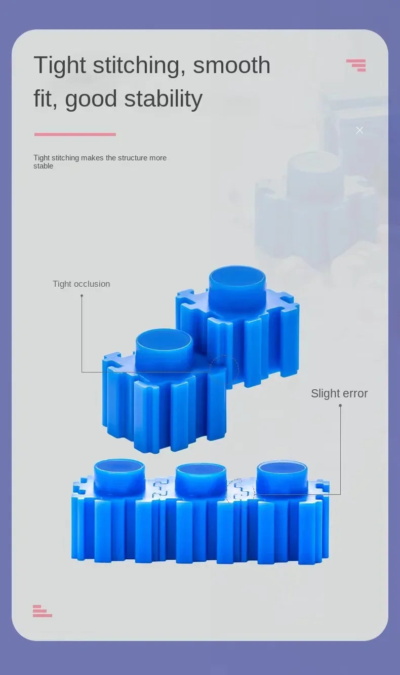 Blue mini building blocks showing tight stitching and slight error in a detailed model kit.