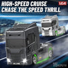 A high-speed chase scene featuring a black 1:64 scale truck model in motion against a blue sky background.