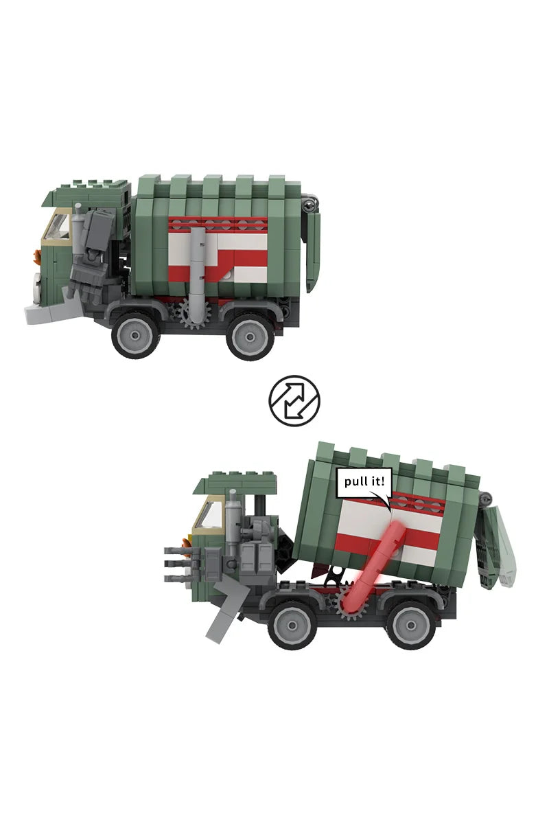 A green trash truck building block set with a working dump function.