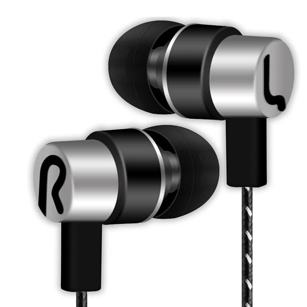 A pair of silver and black in-ear wired earbuds with a black cord.