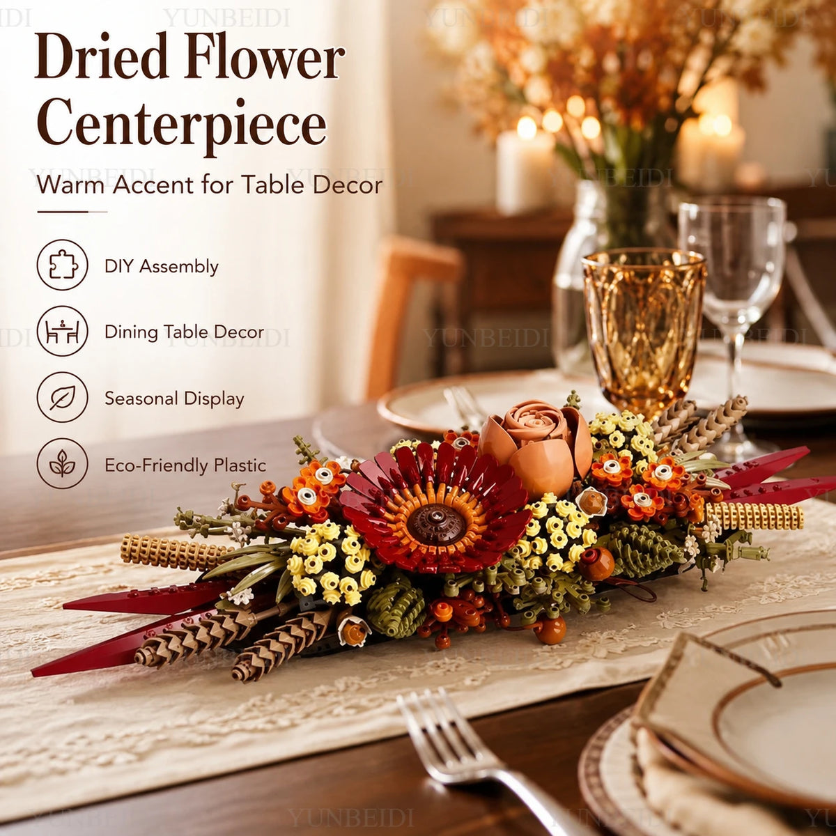 A DIY building block rose bouquet featuring various dried flowers and greenery arranged for a centerpiece.
