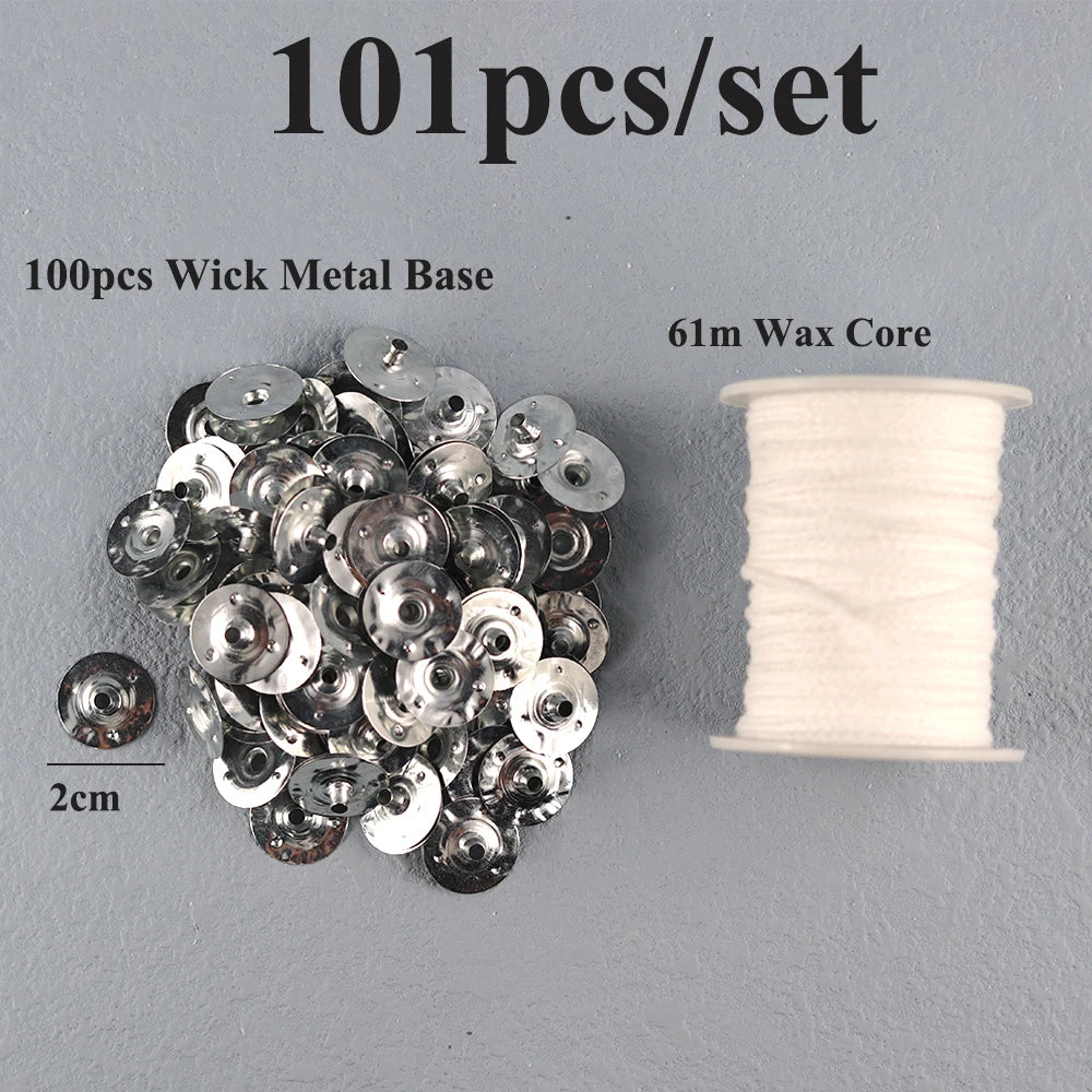 A set of 101 pieces of wick metal bases and a 61m wax core for candle making.