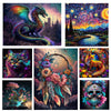 A collection of nine fantasy-themed digital art pieces featuring dragons, cats, skulls, and vibrant cosmic landscapes.