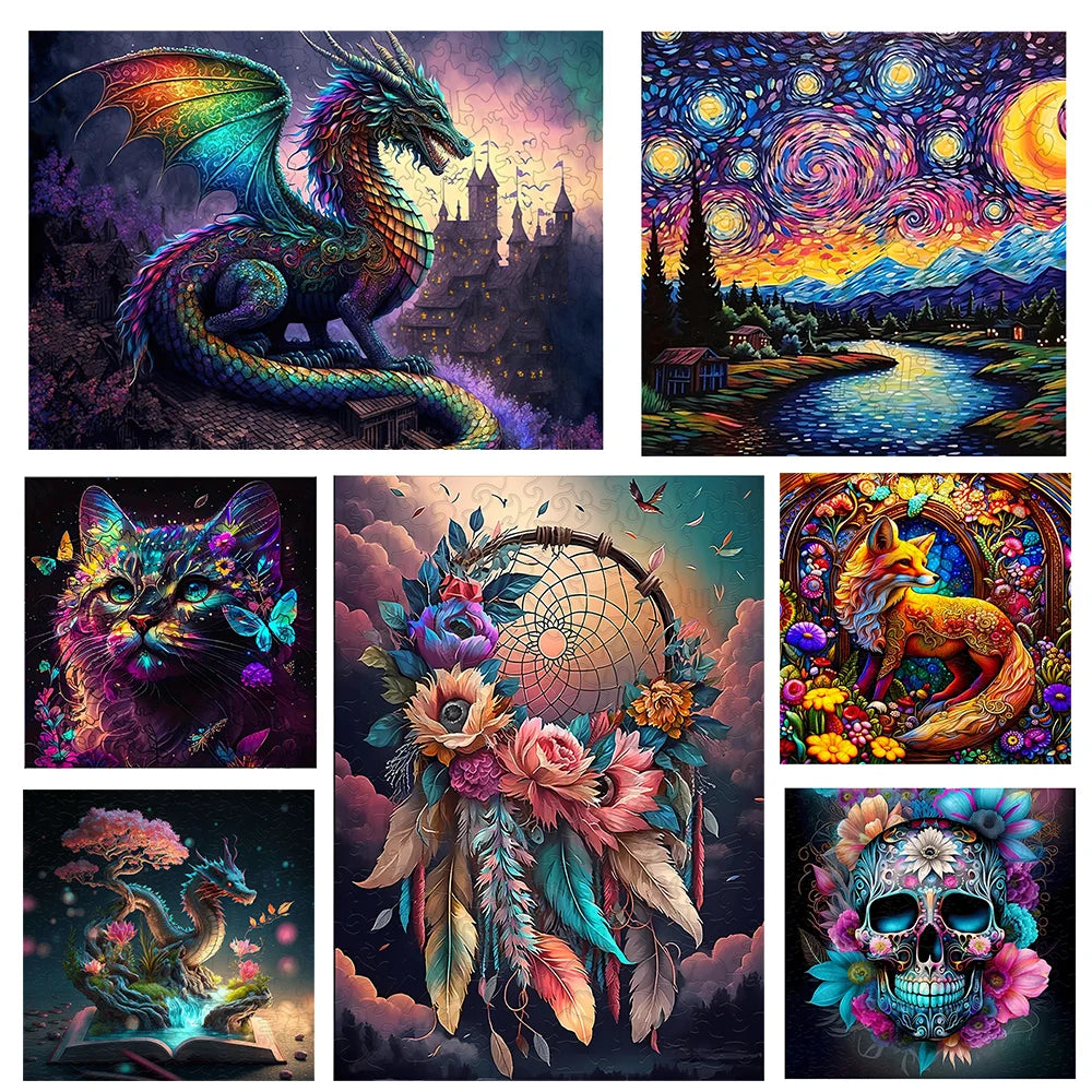 A collection of nine fantasy-themed digital art pieces featuring dragons, cats, skulls, and vibrant cosmic landscapes.