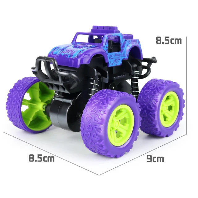 Purple and black four-wheel drive stunt car with pull-back action features 8.5cm and 9cm dimensions.