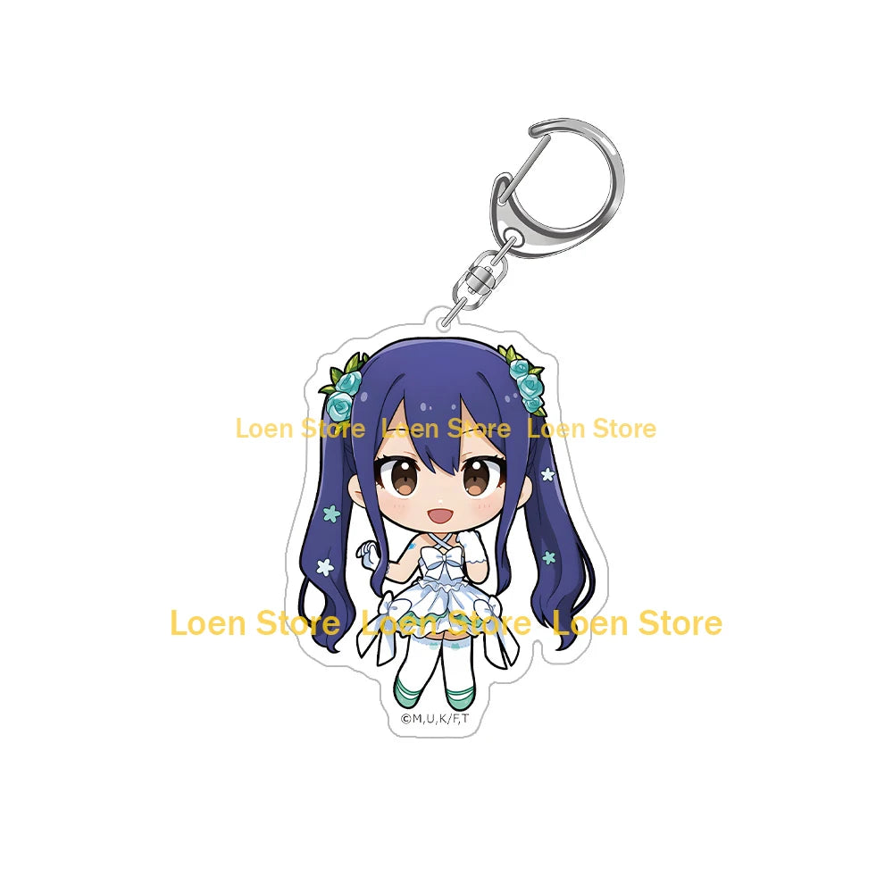 Chibi acrylic keychain of a female character with purple hair and green floral accessories.