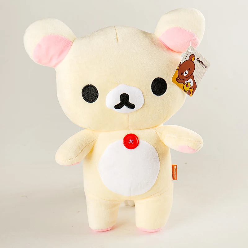 A yellow and pink Kawaii Rilakkuma Strawberry Bear plush toy with a small tag.