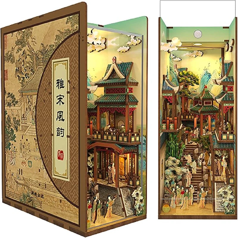 A DIY book nook kit featuring a detailed traditional Chinese architectural scene with LED lighting and a protective dust cove